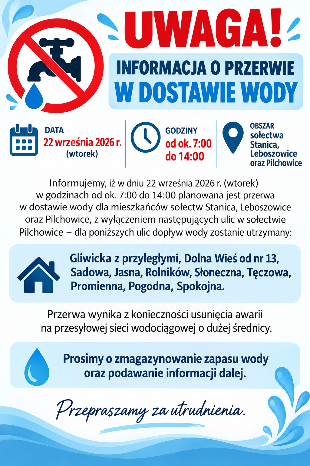 informajcja o braku dostępu wody w dniu 22.09.2026r.