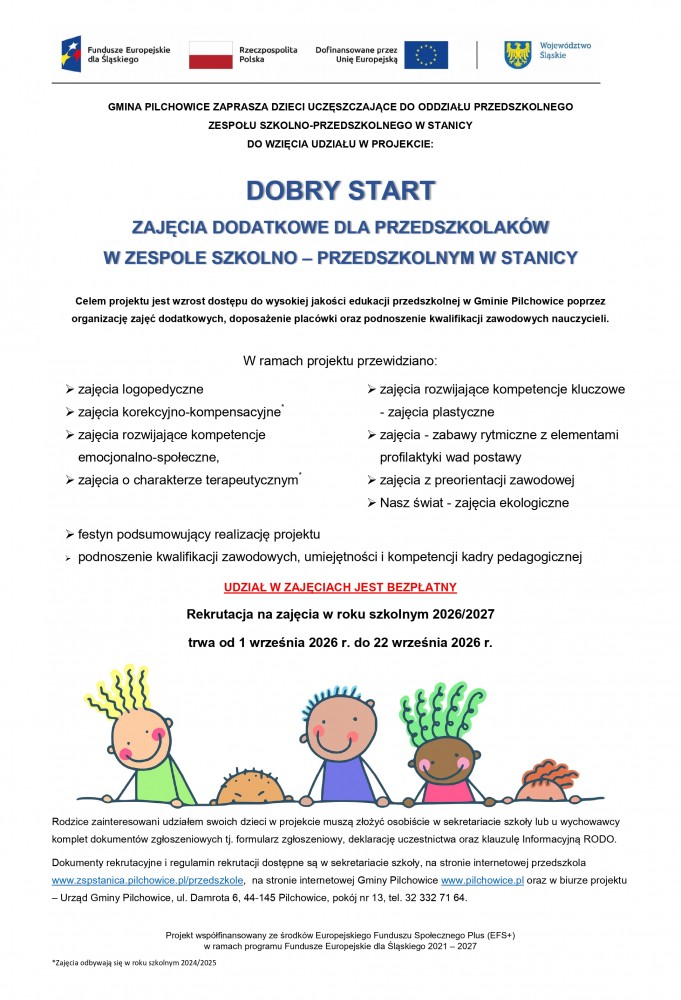Plakat z informacją o zajęciach unijnych DOBRY START dla przedszkolaków, rozpiska zajęć oraz terminy rekrutacji